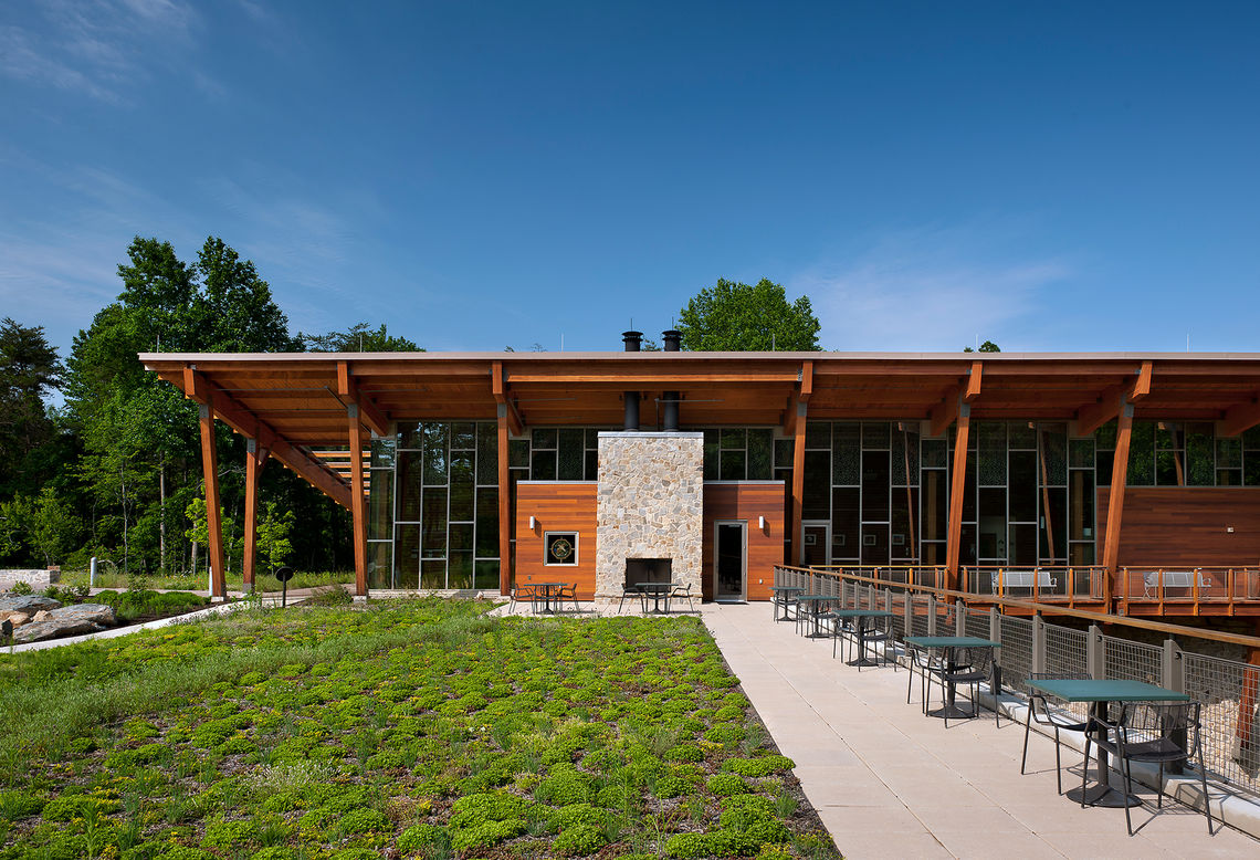 The LEED Platinum Robinson Nature Center utilizes a photovoltaic panel system that accounts for 20% of the facility’s power and has a geothermal heating and cooling system in addition to other sustainable features.