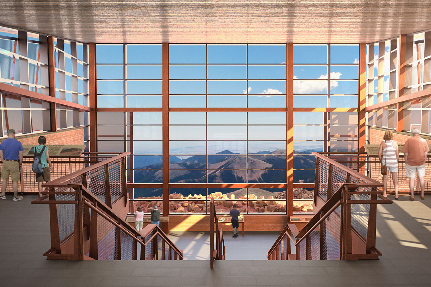 The boundless sky and perfectly framed views of Mt. Rosa draw visitors to the main floor of the Pikes Peak Visitor Center where they can access exhibits, dining, a gift shop, and restrooms.